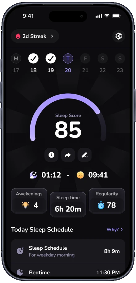 The Sleepy app showing a sleep score of 85, a daily streak and today's sleep schedule